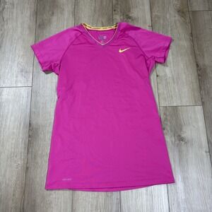 Women's Nike Pro Combat Pink Fitted DriFit  V-neck Shirt (Large)